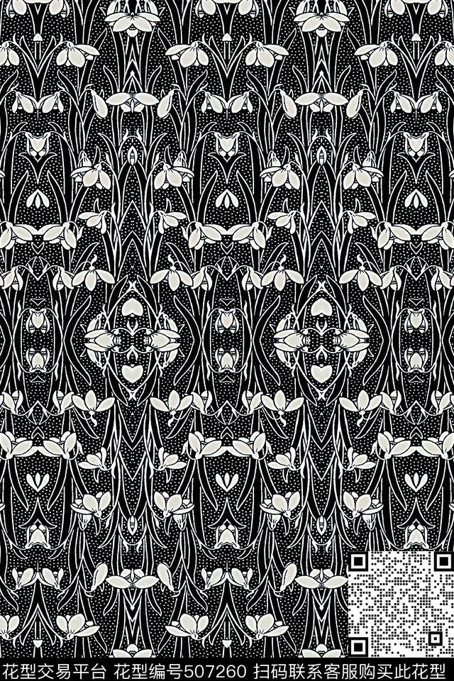 传统纹样小花黑白传统印花华亿平台下载（图片编号: 507260） - 瓦栏（Walan）