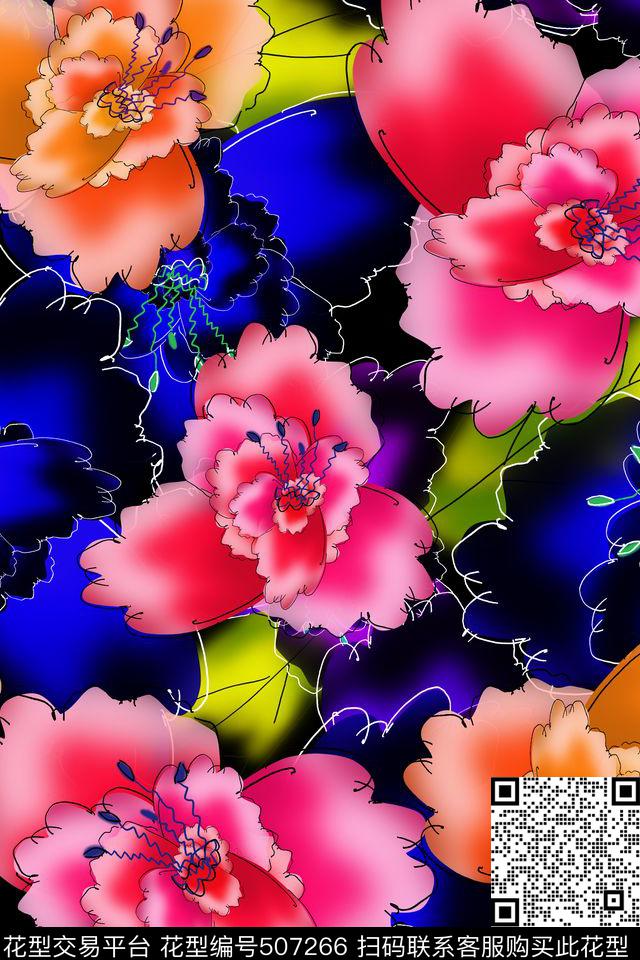 花卉手绘大花时尚传统印花华亿平台下载（图片编号: 507266） - 瓦栏（Walan）