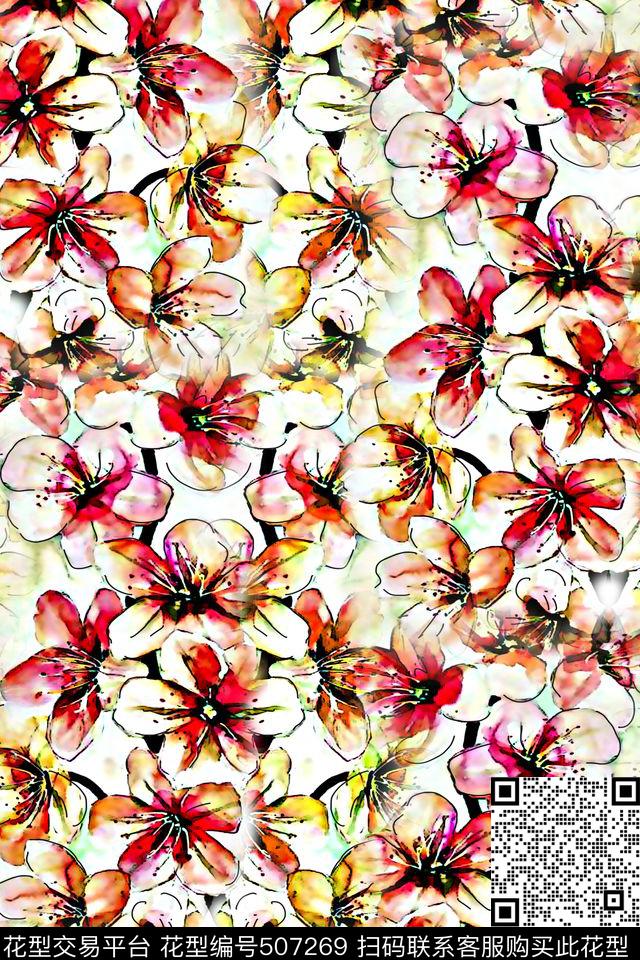 花卉桃花手绘数码印花华亿平台下载（图片编号: 507269） - 瓦栏（Walan）