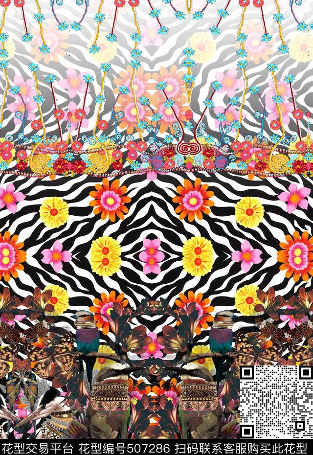 时尚花卉鸟类数码印花华亿平台下载（图片编号: 507286） - 瓦栏（Walan）