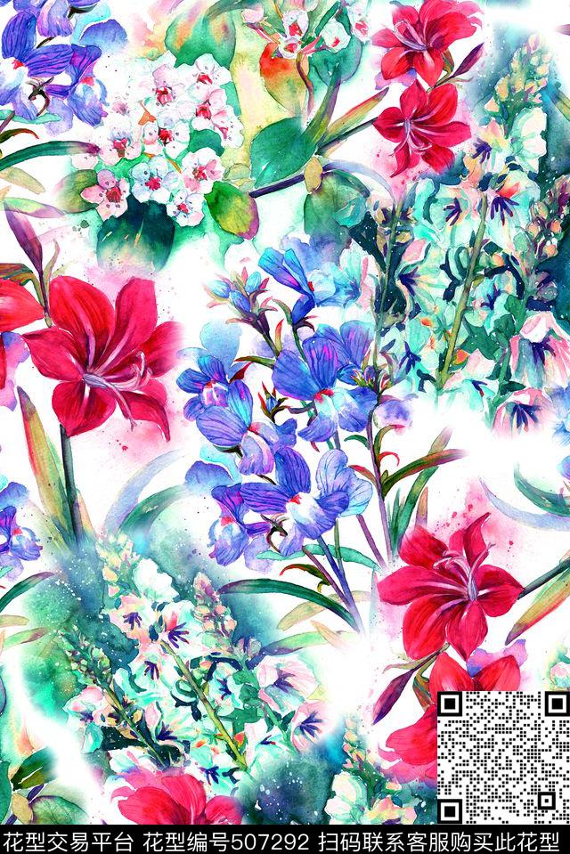 水彩水墨花卉数码印花华亿平台下载（图片编号: 507292） - 瓦栏（Walan）