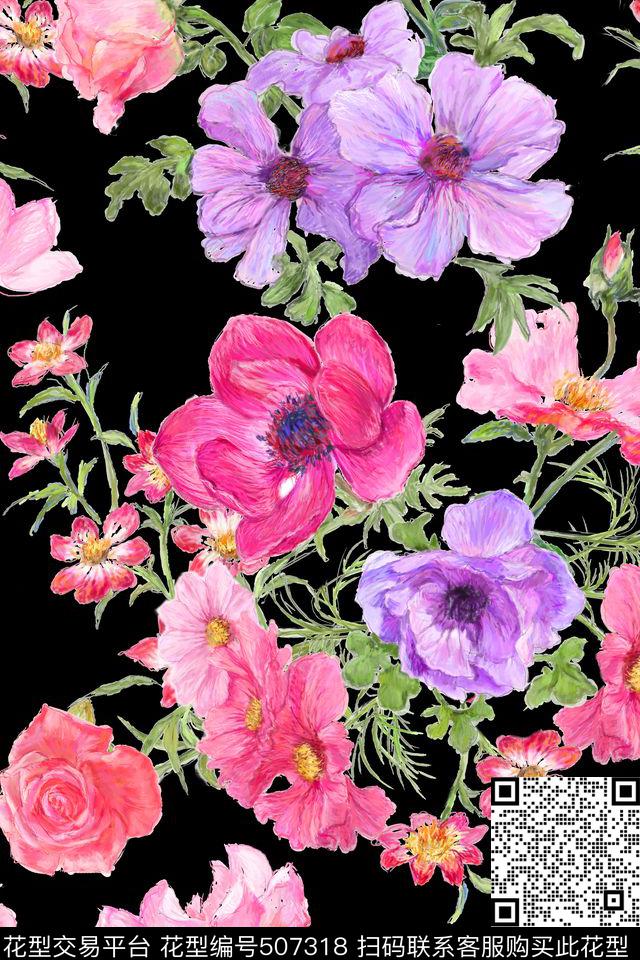 花朵花卉手绘花数码印花华亿平台下载（图片编号: 507318） - 瓦栏（Walan）
