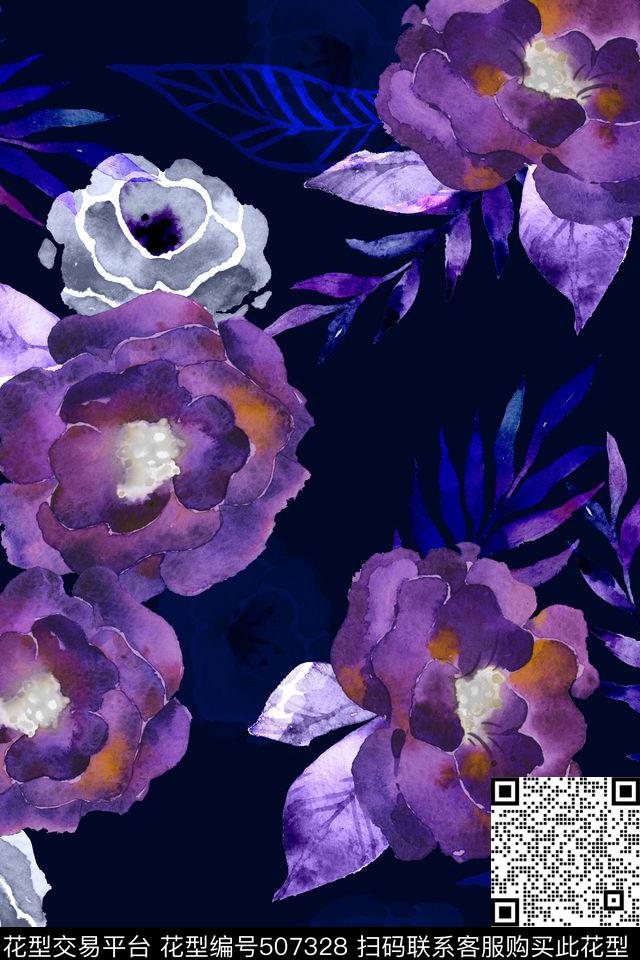 花卉水彩花卉紫罗兰传统印花华亿平台下载（图片编号: 507328） - 瓦栏（Walan）