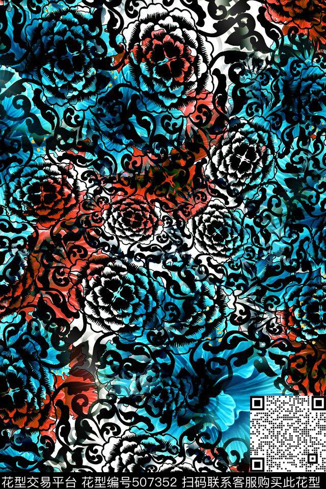 抽象风花卉复古元素男女装卫衣数码印花华亿平台下载（图片编号: 507352） - 瓦栏（Walan）