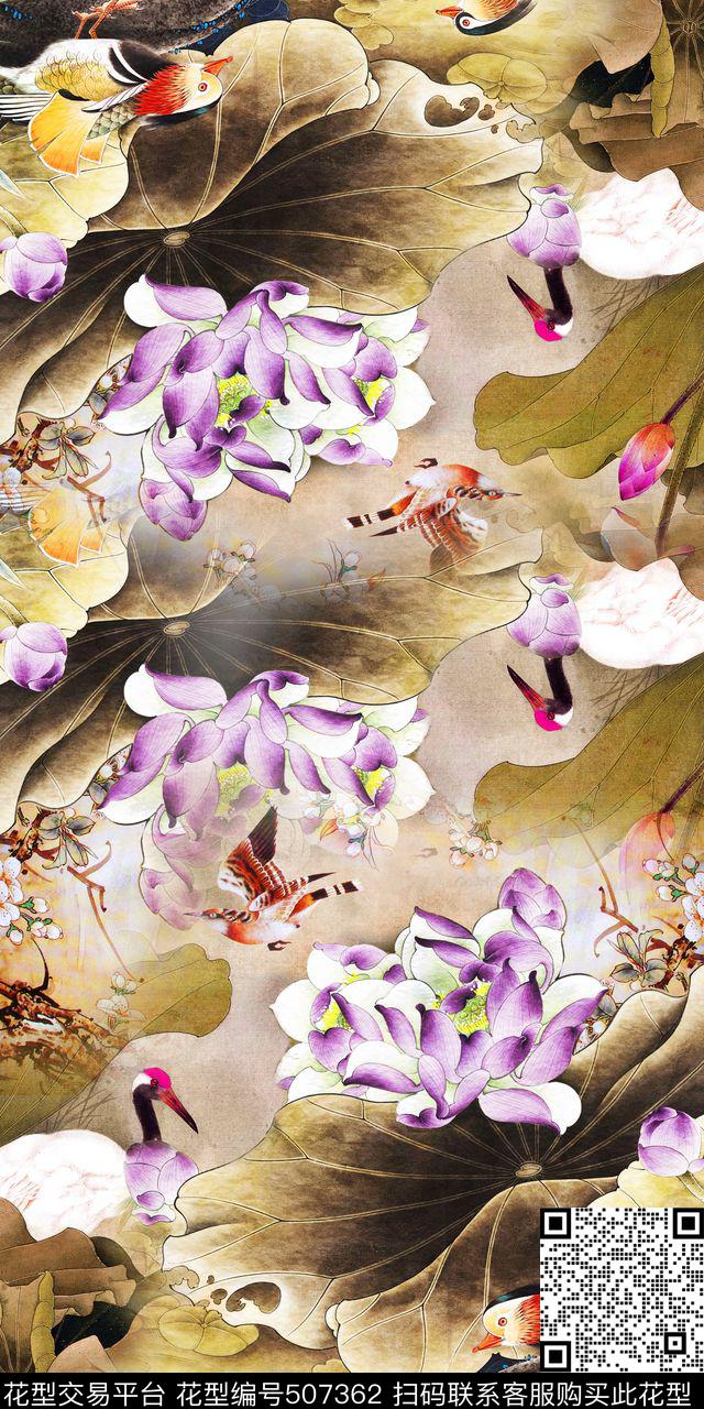中国风鸳鸯荷花荷叶数码印花华亿平台下载（图片编号: 507362） - 瓦栏（Walan）