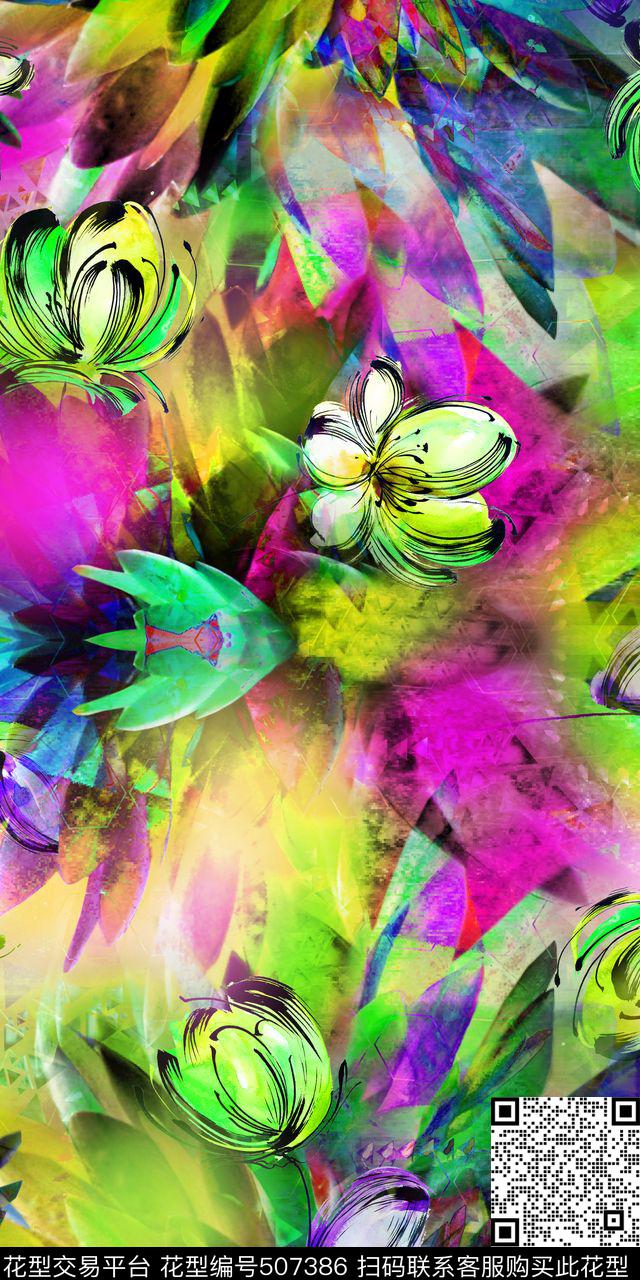 抽象肌理花卉羽毛数码印花华亿平台下载（图片编号: 507386） - 瓦栏（Walan）