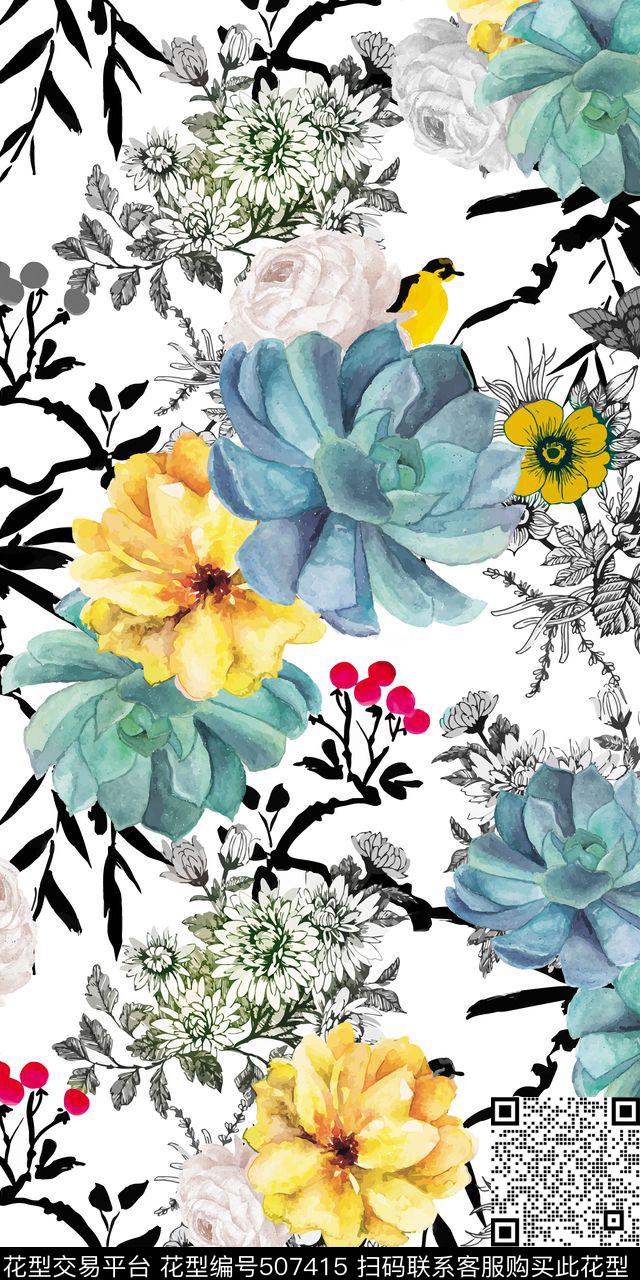 多肉花卉鸟数码印花华亿平台下载（图片编号: 507415） - 瓦栏（Walan）
