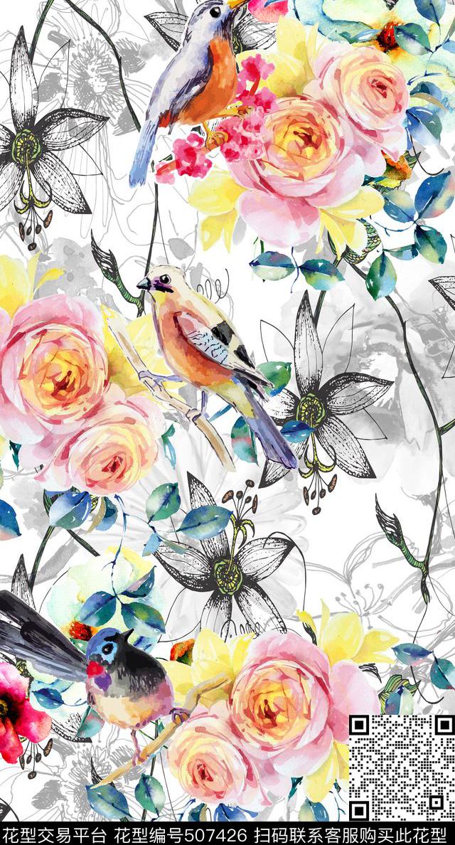 花卉鸟灰色底数码印花华亿平台下载（图片编号: 507426） - 瓦栏（Walan）