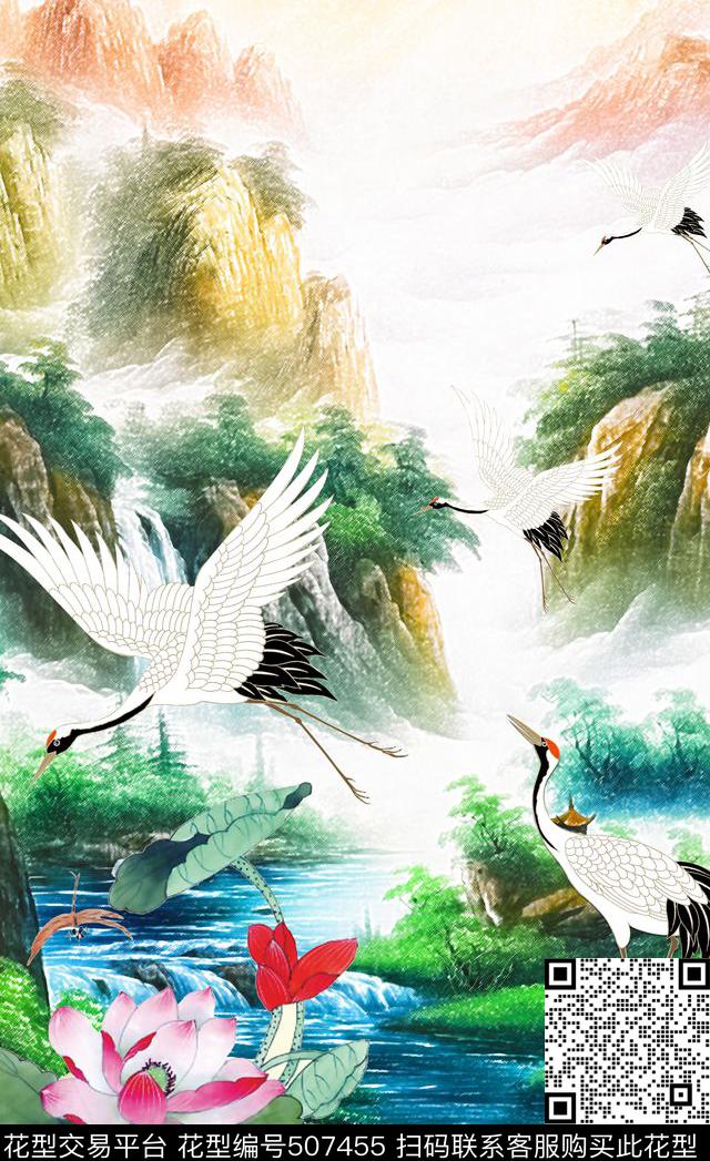 潮流时尚定位仙鹤中国风数码印花华亿平台下载（图片编号: 507455） - 瓦栏（Walan）