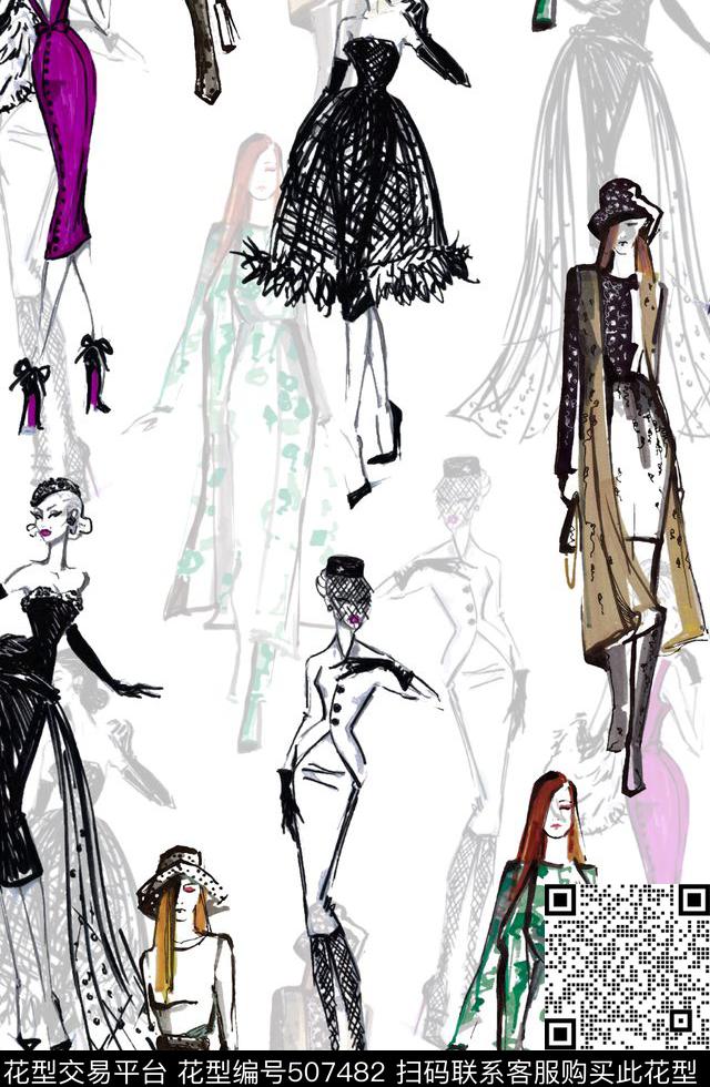 潮流时尚手绘人物大牌走秀简画人物数码印花华亿平台下载（图片编号: 507482） - 瓦栏（Walan）