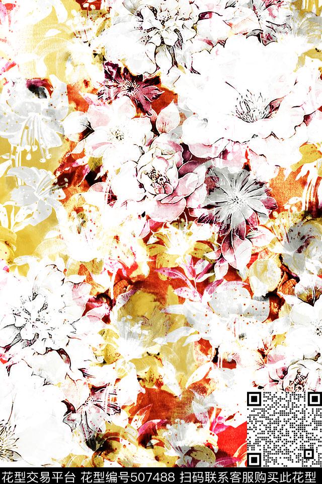 抽象唯美花卉女士夏装连衣裙数码印花华亿平台下载（图片编号: 507488） - 瓦栏（Walan）