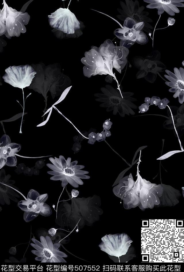 潮流时尚抽象个性大牌隐约花卉数码印花华亿平台下载（图片编号: 507552） - 瓦栏（Walan）