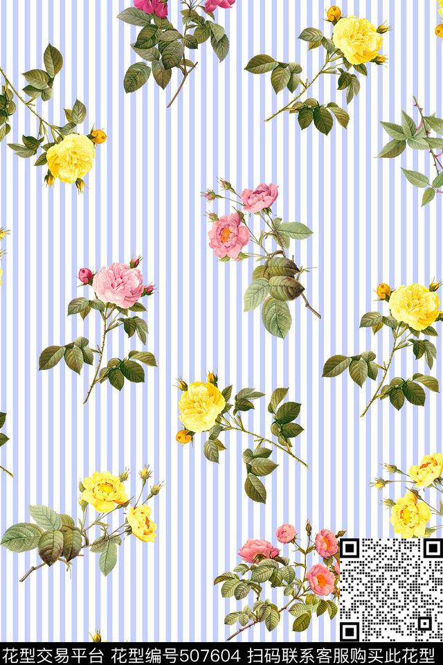 数码印花花卉月季条纹花卉数码印花华亿平台下载（图片编号: 507604） - 瓦栏（Walan）