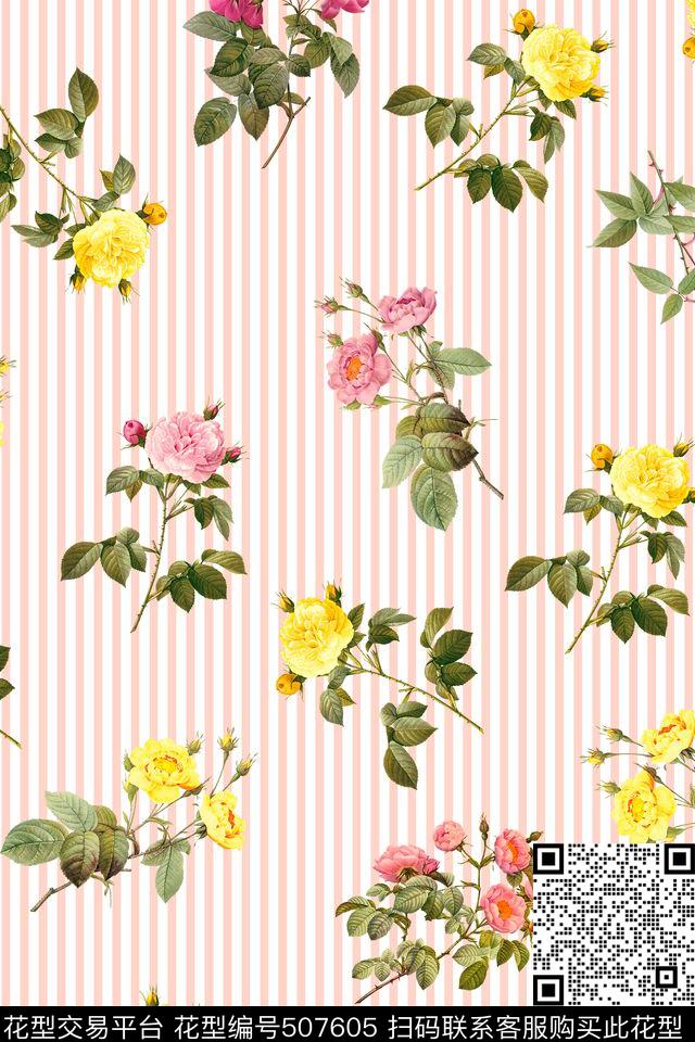 数码印花花卉月季条纹花卉数码印花华亿平台下载（图片编号: 507605） - 瓦栏（Walan）
