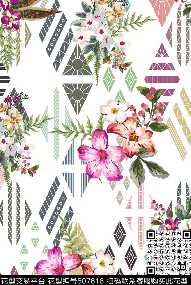 花卉格子几何数码印花华亿平台下载（图片编号: 507616） - 瓦栏（Walan）