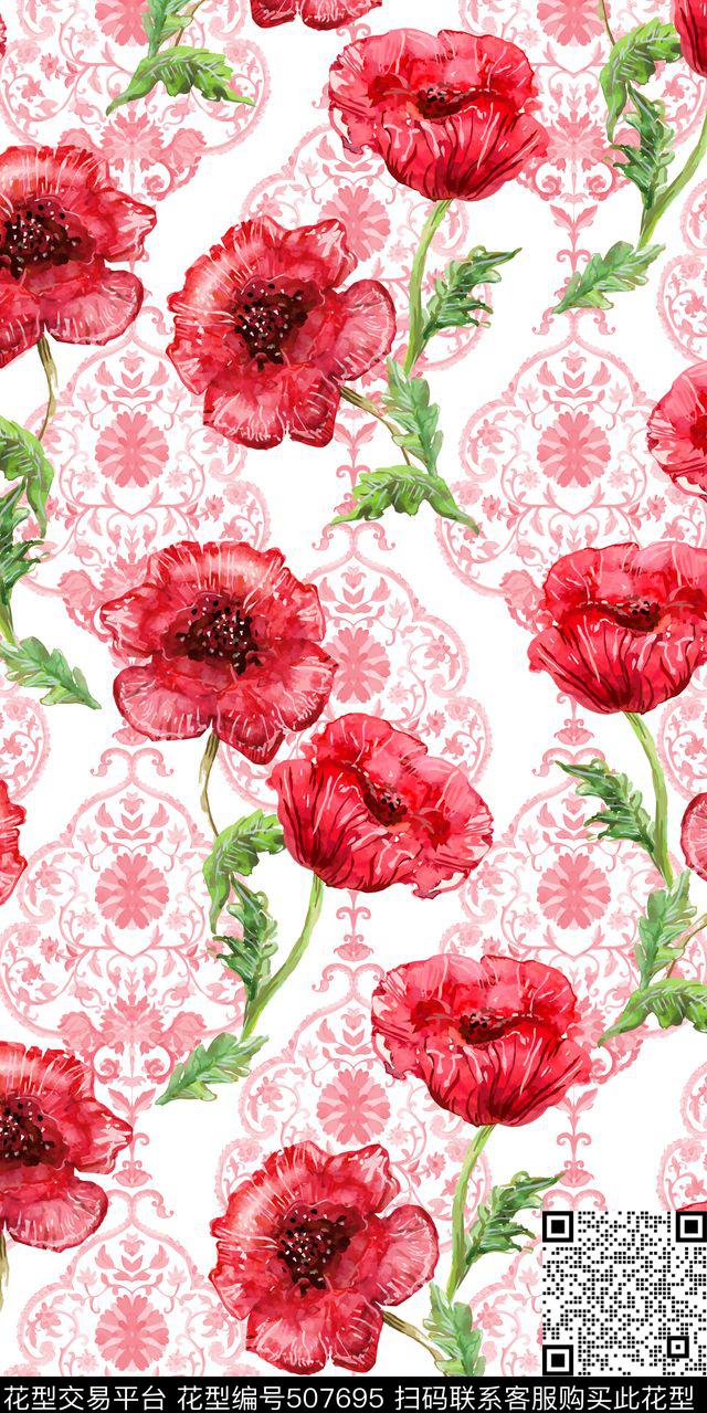 清新罂粟花异域民族花纹数码印花华亿平台下载（图片编号: 507695） - 瓦栏（Walan）