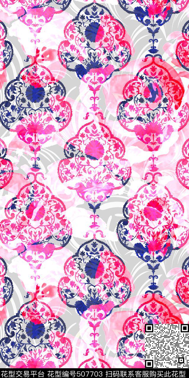 抽象水彩风异域民族风花纹数码印花华亿平台下载（图片编号: 507703） - 瓦栏（Walan）