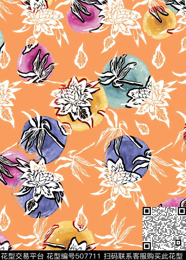 经典时尚简约花卉圆形肌理底纹橙色底色数码印花华亿平台下载（图片编号: 507711） - 瓦栏（Walan）
