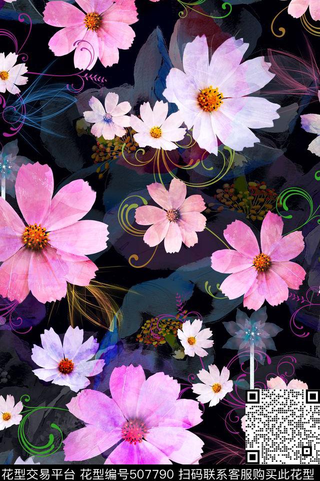 雏菊卷草花抽象数码印花华亿平台下载（图片编号: 507790） - 瓦栏（Walan）
