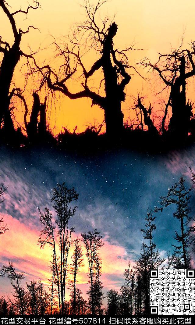 定位渐变树枝数码印花华亿平台下载（图片编号: 507814） - 瓦栏（Walan）