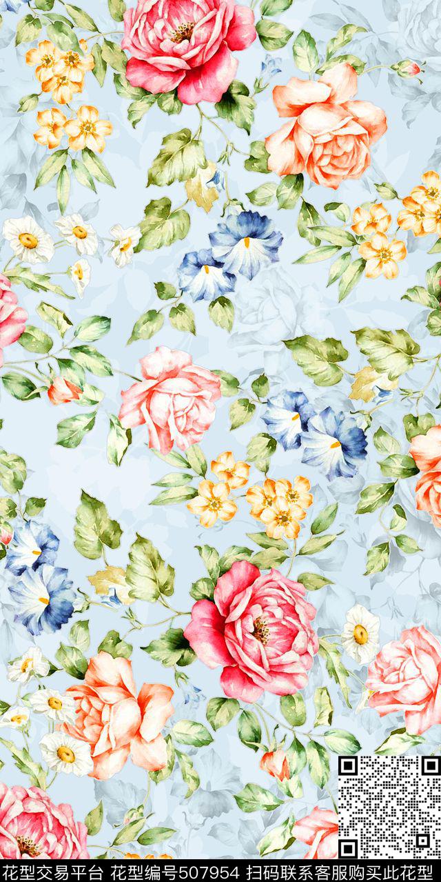 清新时尚水彩花卉服装数码印花华亿平台下载（图片编号: 507954） - 瓦栏（Walan）