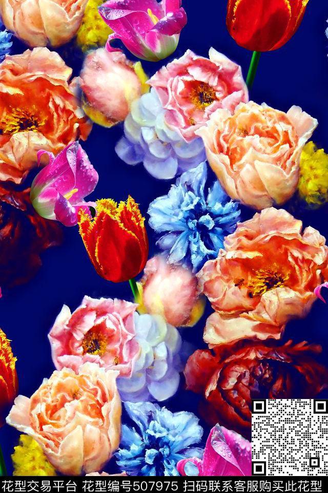 满版郁金香花卉数码印花华亿平台下载（图片编号: 507975） - 瓦栏（Walan）