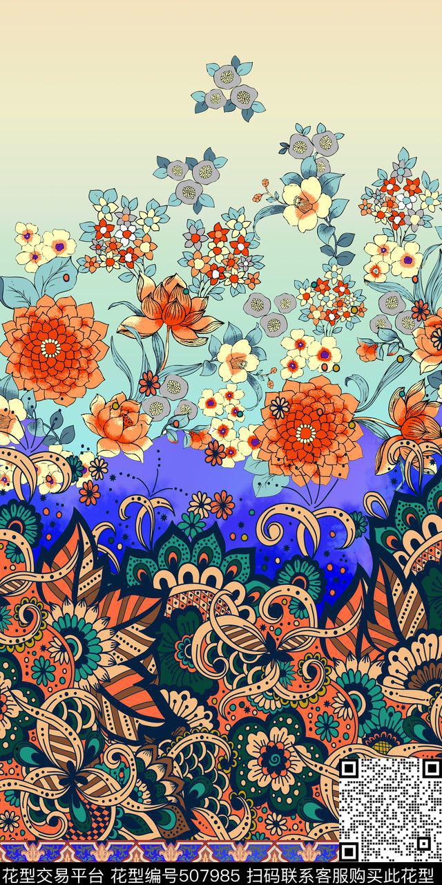 定位复古花草连衣裙传统印花华亿平台下载（图片编号: 507985） - 瓦栏（Walan）