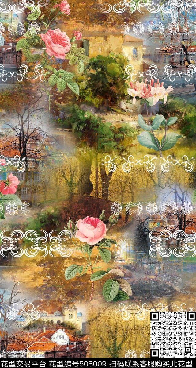欧洲油画风景蕾丝花边数码印花华亿平台下载（图片编号: 508009） - 瓦栏（Walan）