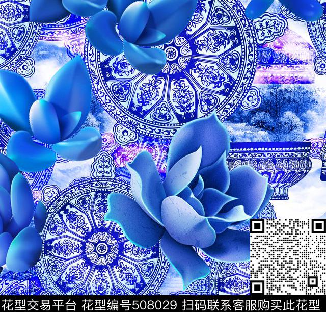 MAX-中国风民族风多肉植物青花瓷数码印花华亿平台下载（图片编号: 508029） - 瓦栏（Walan）