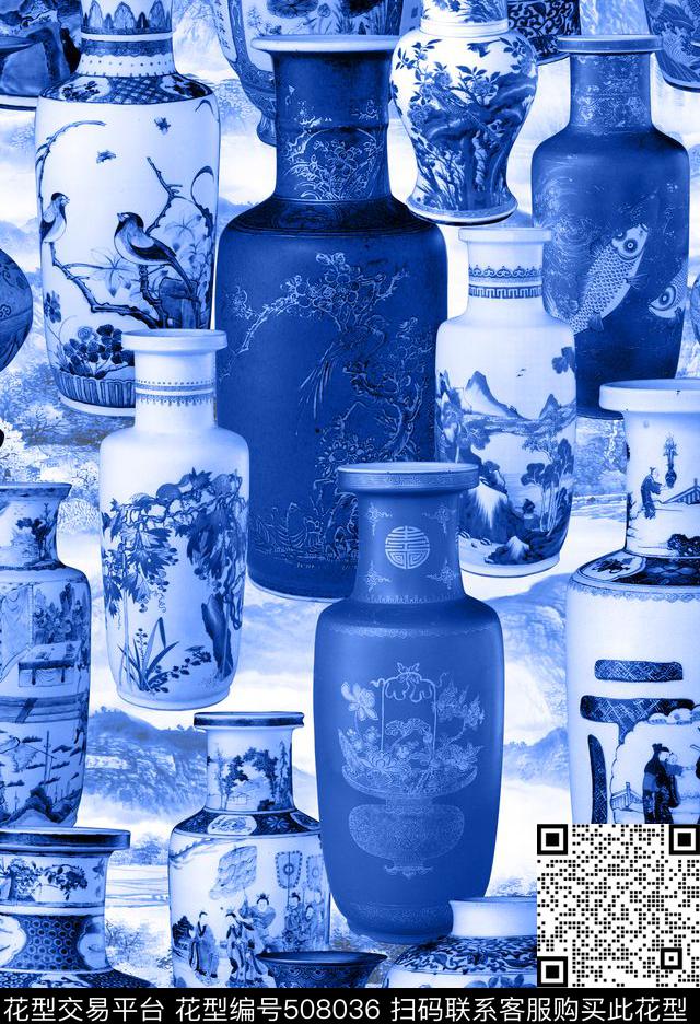 MAX-中国风民族风青花瓷数码印花华亿平台下载（图片编号: 508036） - 瓦栏（Walan）