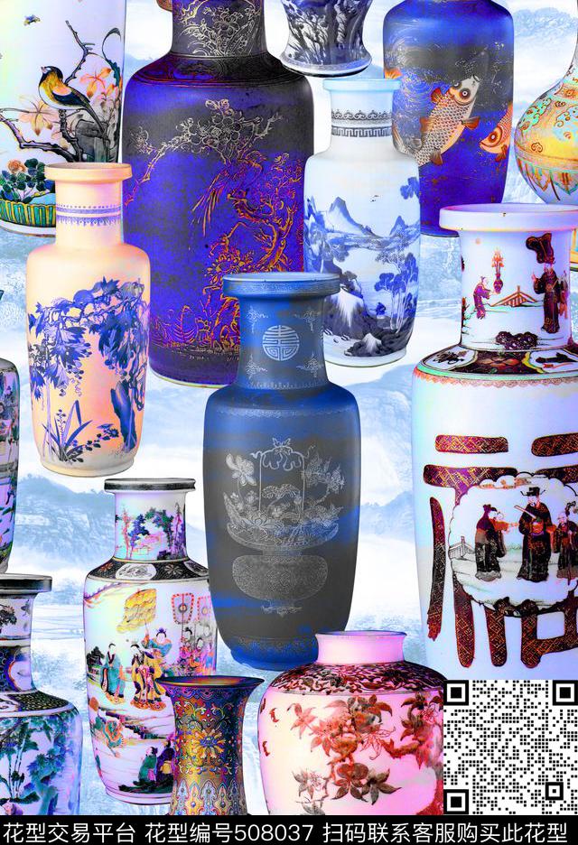 MAX-中国风民族风青花瓷数码印花华亿平台下载（图片编号: 508037） - 瓦栏（Walan）