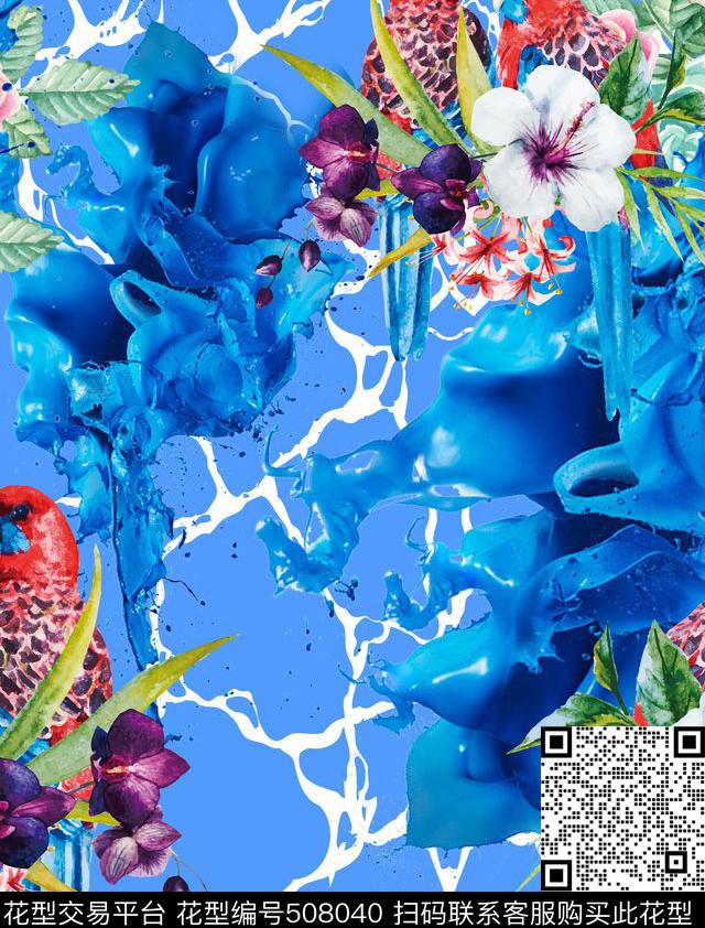 几何青色底纹流墨鹦鹉流行时尚中国风数码印花华亿平台下载（图片编号: 508040） - 瓦栏（Walan）