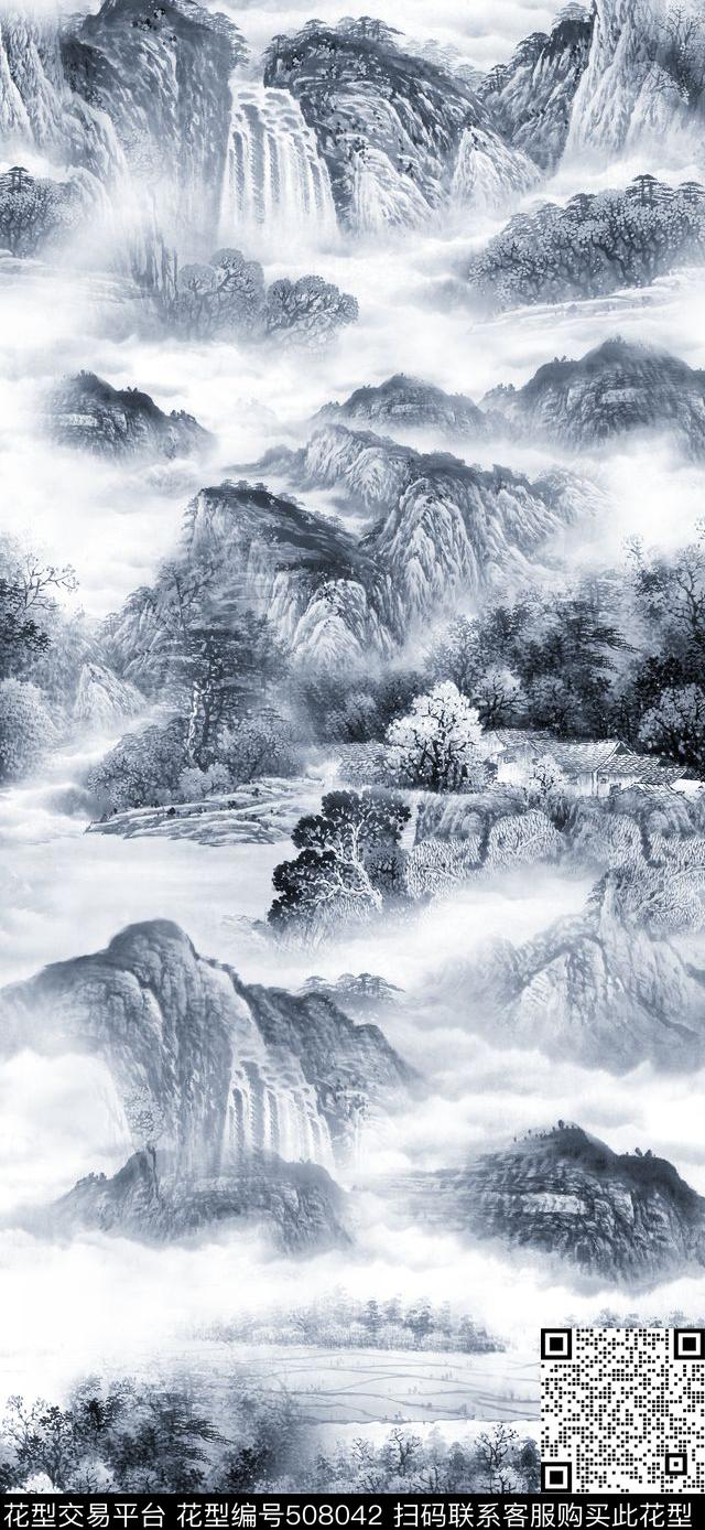MAX-中国风民族风青花瓷色水墨山水数码印花华亿平台下载（图片编号: 508042） - 瓦栏（Walan）