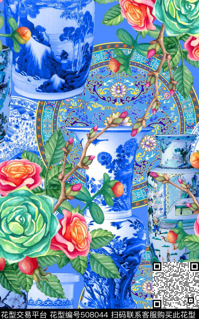 MAX-中国风民族风青花瓷花瓶几何彩色手绘花卉数码印花华亿平台下载（图片编号: 508044） - 瓦栏（Walan）