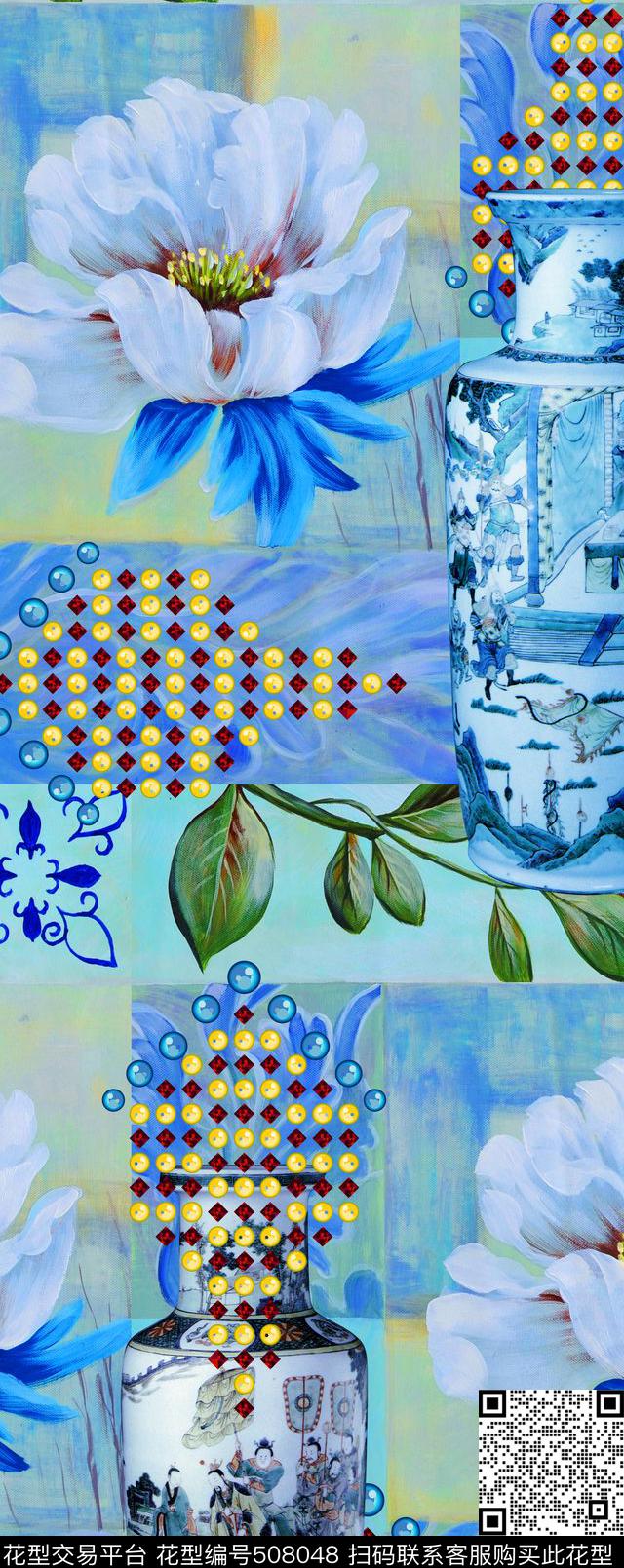 MAX-中国风民族风手绘花卉花瓶钻石花卉数码印花华亿平台下载（图片编号: 508048） - 瓦栏（Walan）