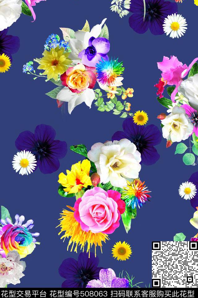 纯色底散花花朵数码印花华亿平台下载（图片编号: 508063） - 瓦栏（Walan）