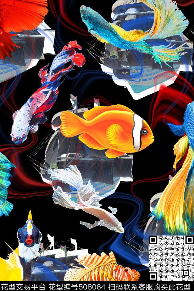 复古小鱼线条数码印花华亿平台下载（图片编号: 508064） - 瓦栏（Walan）