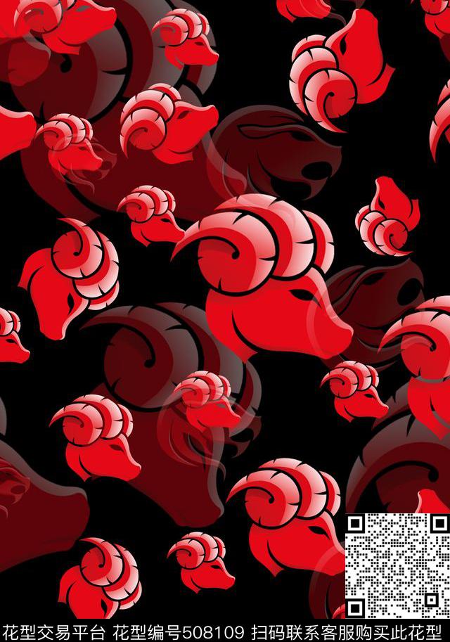 中国风羊头动物数码印花华亿平台下载（图片编号: 508109） - 瓦栏（Walan）