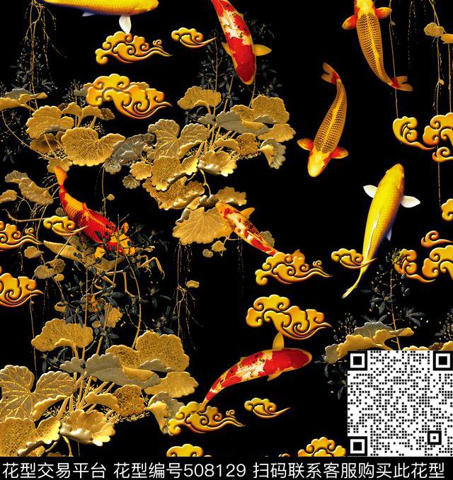 潮流时尚复古金属鲤鱼荷花数码印花华亿平台下载（图片编号: 508129） - 瓦栏（Walan）