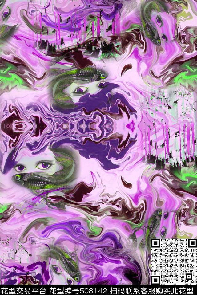抽象女孩树木数码印花华亿平台下载（图片编号: 508142） - 瓦栏（Walan）