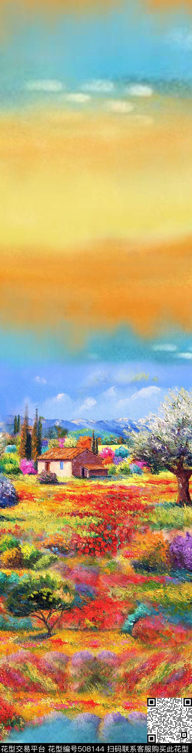 风景手绘图案传统印花华亿平台下载（图片编号: 508144） - 瓦栏（Walan）