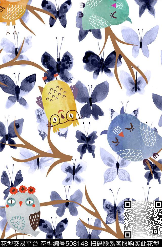 卡通猫头鹰蝴蝶数码印花华亿平台下载（图片编号: 508148） - 瓦栏（Walan）