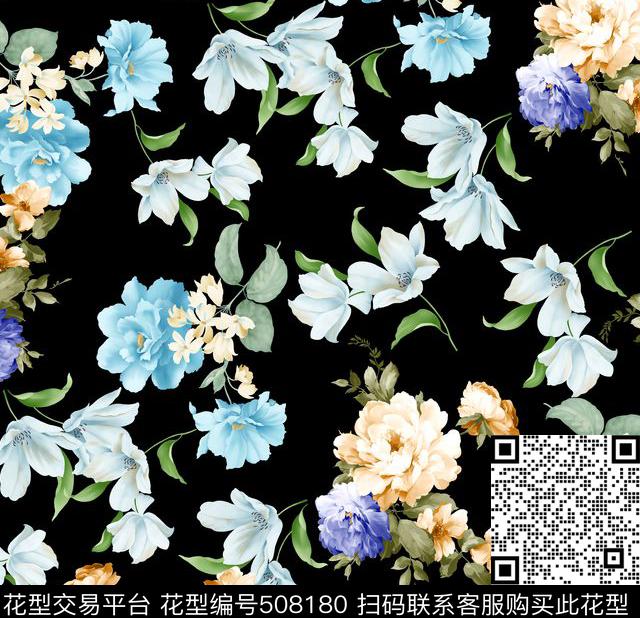 潮流时尚手绘花卉女装印花数码印花华亿平台下载（图片编号: 508180） - 瓦栏（Walan）