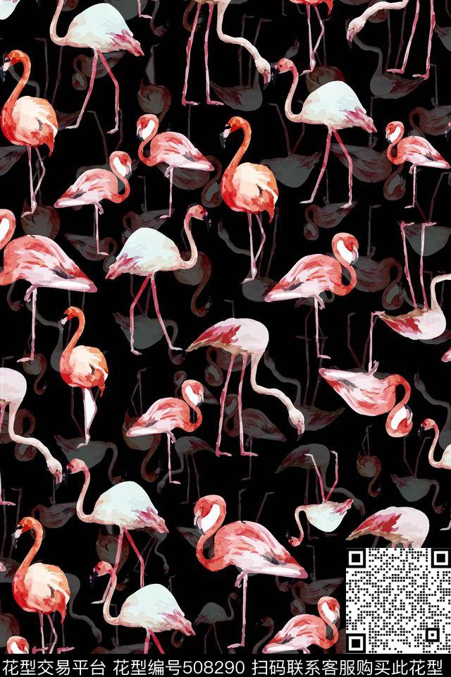 黑底火烈鸟水彩数码印花华亿平台下载（图片编号: 508290） - 瓦栏（Walan）