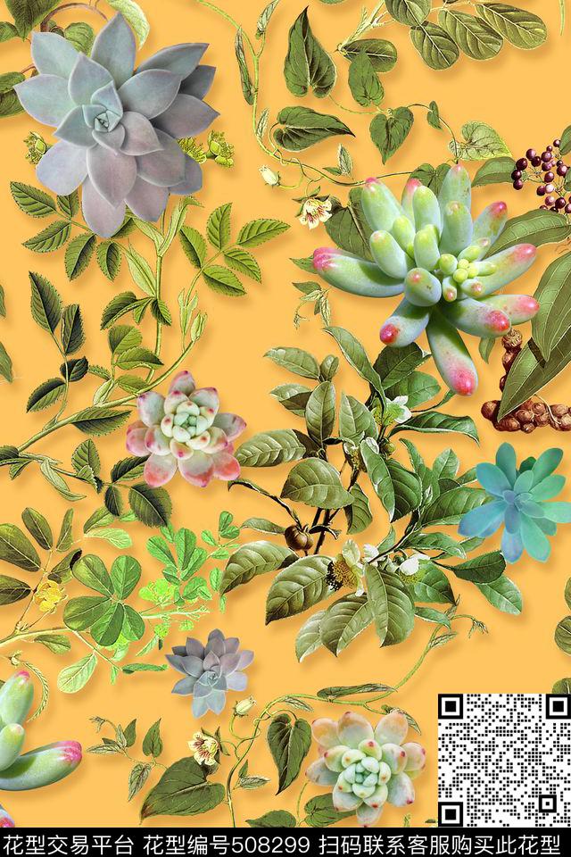 清新肉植物植物数码印花华亿平台下载（图片编号: 508299） - 瓦栏（Walan）