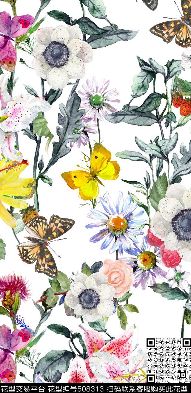 田园花卉蝴蝶数码印花华亿平台下载（图片编号: 508313） - 瓦栏（Walan）