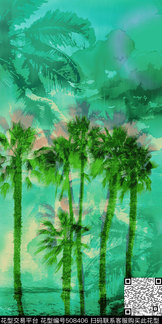 现代椰子树时装数码印花华亿平台下载（图片编号: 508406） - 瓦栏（Walan）