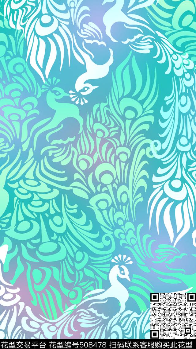 中国流行时尚复古手绘凤凰青瓷色调华亿平台数码印花华亿平台下载（图片编号: 508478） - 瓦栏（Walan）