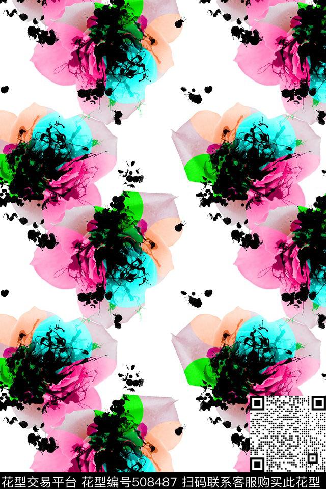 手绘墨点花卉数码印花华亿平台下载（图片编号: 508487） - 瓦栏（Walan）