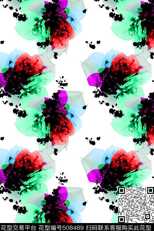 手绘墨点花卉数码印花华亿平台下载（图片编号: 508489） - 瓦栏（Walan）